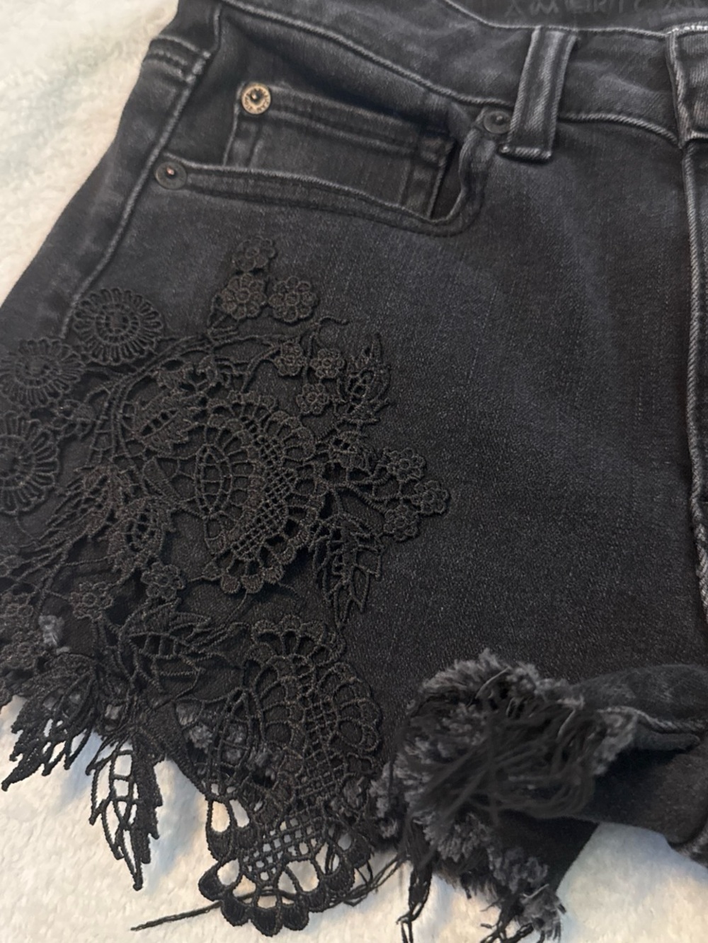 American Eagle Outfitters Black Denim Lace-Trim Cutoff Shorts - Picture 2 of 5